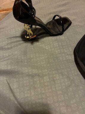 Black Patent Ankle-Strap Heels with Gold Logo heels YsL